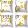 Tatuo 4 Pcs Flower Pillow Covers Square Spring Pillow Cushion Cases 18 x 18 Inch Family Faith Hope Love Words Decorative Summer Winter Cushion Case for Bed Couch Sofa Living Room(Yellow Silver Series)