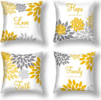 Tatuo 4 Pcs Flower Pillow Covers Square Spring Pillow Cushion Cases 18 x 18 Inch Family Faith Hope Love Words Decorative Summer Winter Cushion Case for Bed Couch Sofa Living Room(Yellow Silver Series)