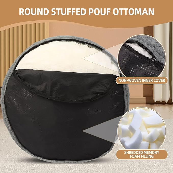 Round Stuffed Pouf Ottoman Foot Rest for Couch Round Ottoman with Foam Chunk Filling Stripe Faux Fur Ottomans for Living Room Floor (20"x15",Dark Grey)