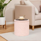 B FSOBEIIALEO Ottoman with Stroage, Boucle Round Storage Ottoman with Tray,Foot Rest Stool for Dorm Room, Living Room Pink, 12.99"x12.99"x13.78"