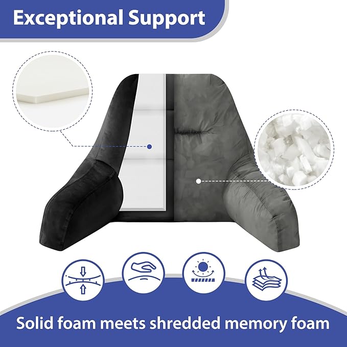 Reading Pillows for Sitting in Bed Adult, Back Pillow for Bed Sitting Up, Backrest Pillows with Shredded Foam for Adult&Teens, Support Pillow with Arms for Beds, Couch, Floor, 24in, Black