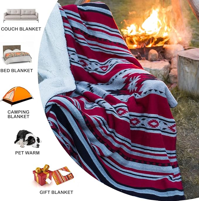 Aztec Patterned Throw Blanket with Soft Sherpa Lining, Traditional Southwestern Navajo Tribal Style Warm Throw for Camping, Outdoor, Light Weight Cozy Boho Blanket for Couch, Sofa, Bed, 50”x60”, Red