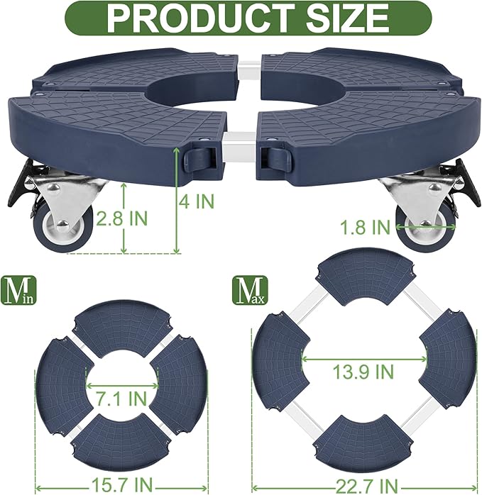2 Pack Plant Caddy Stands with 360° Wheels Adjustable 15-22 Inch Rolling Plant Stands Heavy Duty Large Plant Carts Dolly with Casters 440lbs Capacity for Large Planter, Garden Pot, Flower Pot, Blue