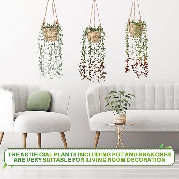 Giegxin Spring Mini Hanging Artificial Plant with Woven Basket Boho Fake Plants Ivy Faux Vines Eucalyptus Leaf for Indoor Home Wall Shelf Decor(3 Set,Green,Hanging Plant Basket)