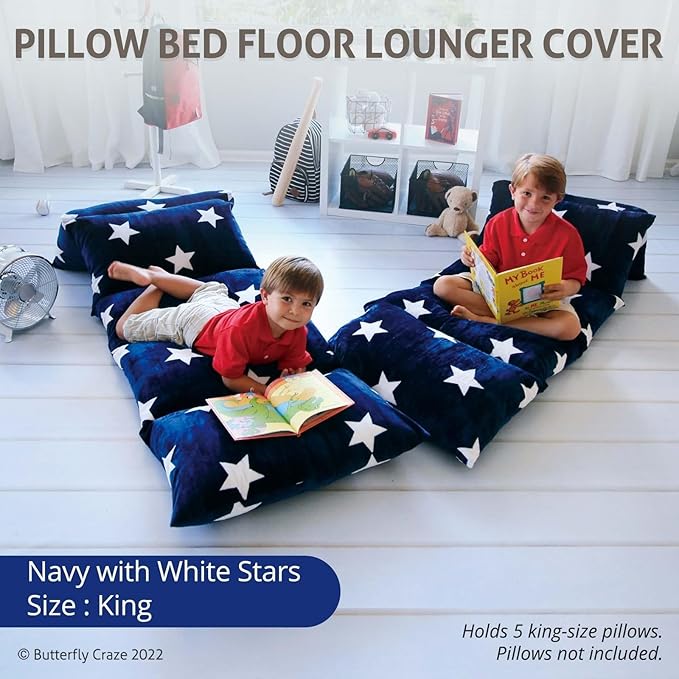 Butterfly Craze Floor Lounger Cover - Floor Bed Conversion - Creates Custom Sleeping Pad - Portable Mattress Alternative - Star Navy, King Size (Pack of 2)