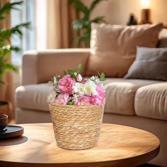 Woven Basket, Hand Woven Containers Flower Pots Boho Indoor Planter Decorative Flower Storage Organizer for Home Office Decoration (Small)