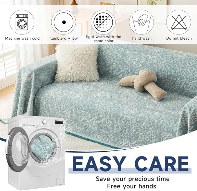 ROOMLIFE Blue Couch Cover Boho Sofa Covers for 3 Cushion Couch Washable, Furniture Protector Sofa Couch Cover for Dogs, Soft Breathable Sofa Slipcover, Couch Throw Blankets with Tassels 71''X118''