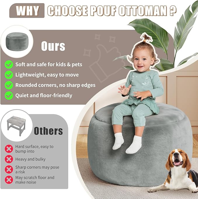 Round Pouf Ottoman Foot Rest, 29 X 18Inch Floor Poufs Footstool, A Round Modern Foam Filled Foot Stool for Living Room, Home, Nursery, Dorm (Grey, 29Inch)