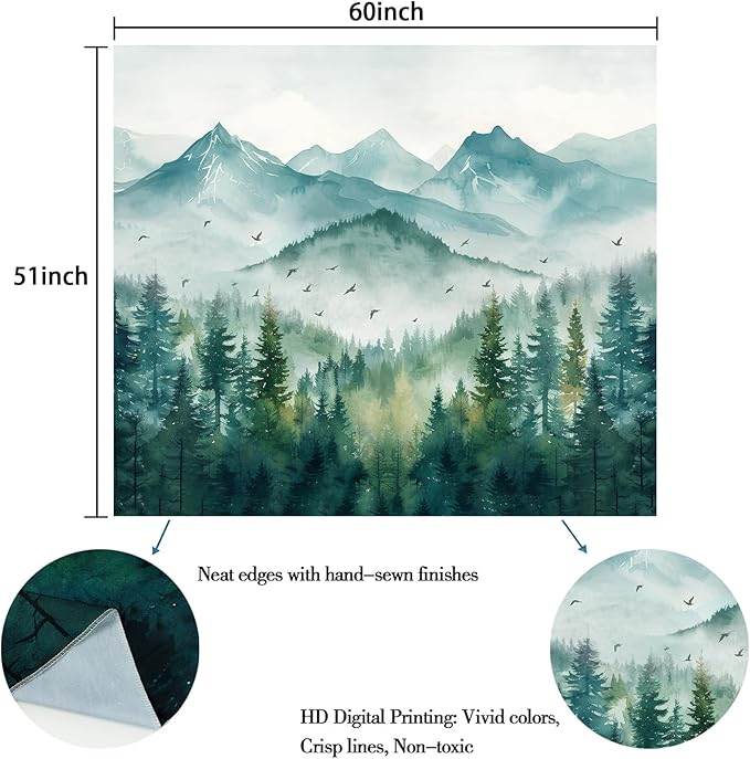 Atrippy Forest Mountain Nature Tapestry, Misty Foggy Sage Green Landscape Tapestries Wall Hanging, Tree Aesthetic for Bedroom Living Room Backdrop Decor 51x60 Inch