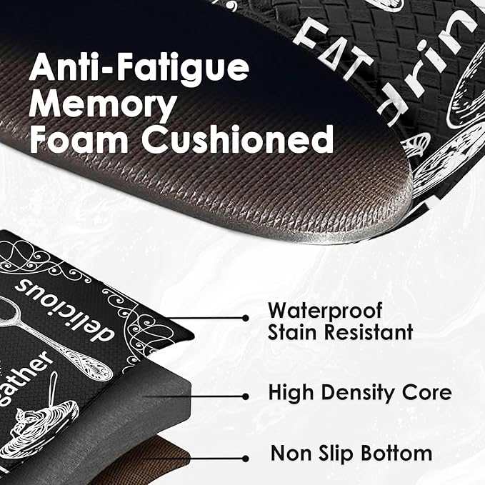 Arttown Black Anti-Fatigue Kitchen Rug Set of 2 Cooking Knife and Fork Cushioned Floor Standing Mat Waterproof Non-Slip Mat and PVC Ergonomic Comfort Foam Rug