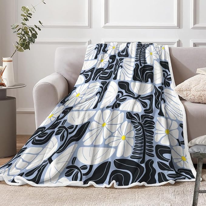 Boho Abstract Colorful Floral Throw Blanket, Vintage Retro Patchwork White Black Purple Flower Botanical Geometric Aesthetic Groovy Flannel Throw Blanket for Chair Bed Sofa Couch, 50X60IN
