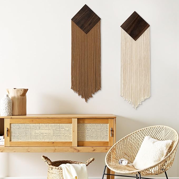 KHOYIME Macrame Wall Hanging Boho Chic Home Decor, 2PCS Bohemian Brown Beige Vertical Tassel Yarn Tapestry Modern Farmhouse Wall Art Decorations for Living Room Bedroom Nursery Office 11''W x 36''L