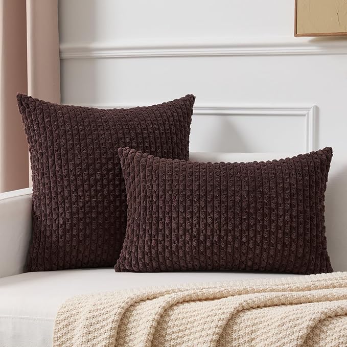 Kevin Textile 12x20 Inch Pillow Cover 1 Pack Boho Decorative Soft Striped Corduroy Lumbar Farmhouse Accent Rectangle Cushion Case for Living Room Couch Sofa Bed, Coffee