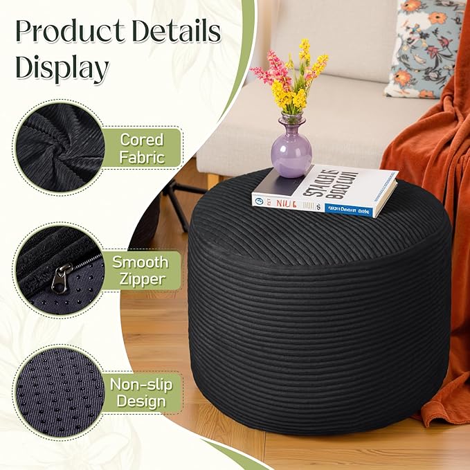 Round Corduroy Ottoman Foot Rest Pouf for Living Room Couch - Soft Plush Shredded Foam Filled Hassock Stool, Comfy Footstool