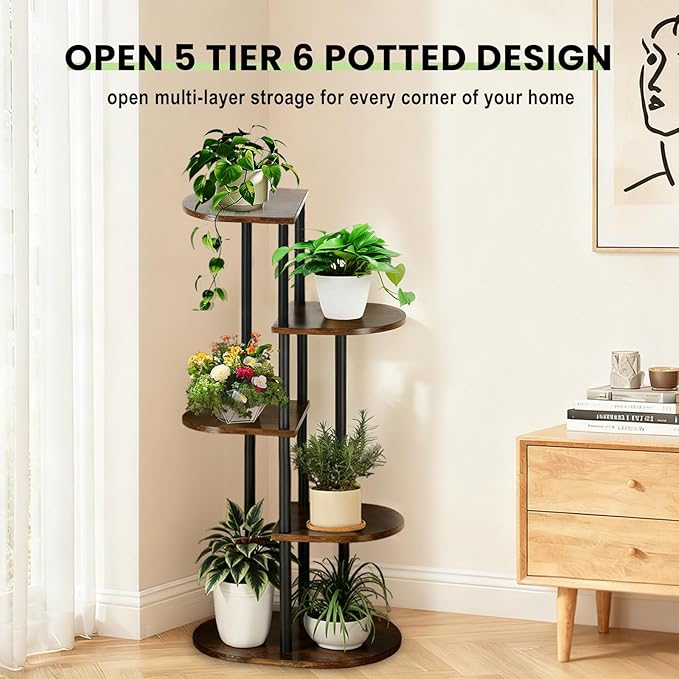 Tiered Plant Stand Indoor, Tall 5 Tier 6 Potted Wooden Plant Shelf for Multiple Flower Plants, Multi Corner Metal Plant Holder Indoor for Patio Garden Patent Design Living Room Balcony Bedroom, Rustic Brown