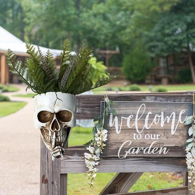 Skull Wall Planter for Indoor Outdoor Plants, Hanging Skull Vase Unique Face Flower Pot Head Planters, White Resin Skeleton Gothic Planter for Home Decorations