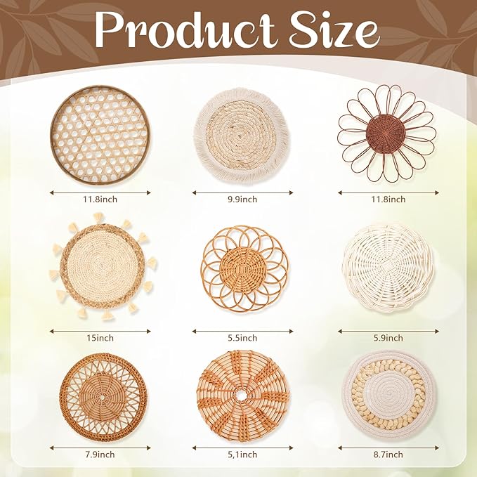 Teiyamsy 9 Pcs Boho Wall Basket Decor Handmade Woven Wicker Basket Wall Decor Round Farmhouse Hanging Wall Art for Rustic Home Living Room Kitchen Bedroom(Serene)