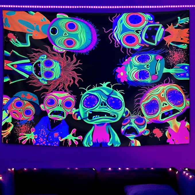 Horror Tapestry Blacklight Tapestry for Bedroom Zombie Crowd Around Tapestries UV Reactive Poster Glow in the Dark Walker Undead Ghoul Tapestries Wall Hanging Halloween Decor Scary Room Decor 90"x71"