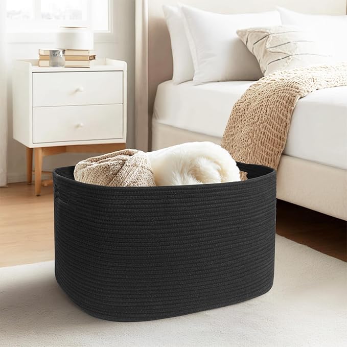 Black Basket for Blankets, 75L Large Woven Blanket Storage for Living Room, Cotton Rope Baskets for Organizing, Kids Dog Toy Bin Box, Rectangle Pillow Holder Organizer, 22”x17”x12”