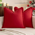 MIULEE Decorative Throw Pillow Covers Neutral Linen Fringe Throw Pillows Set of 2 Red Boho Farmhouse Cushion Covers with Tassels for Couch Sofa Bed Living Room Spring Home Decor 20x20 Inch