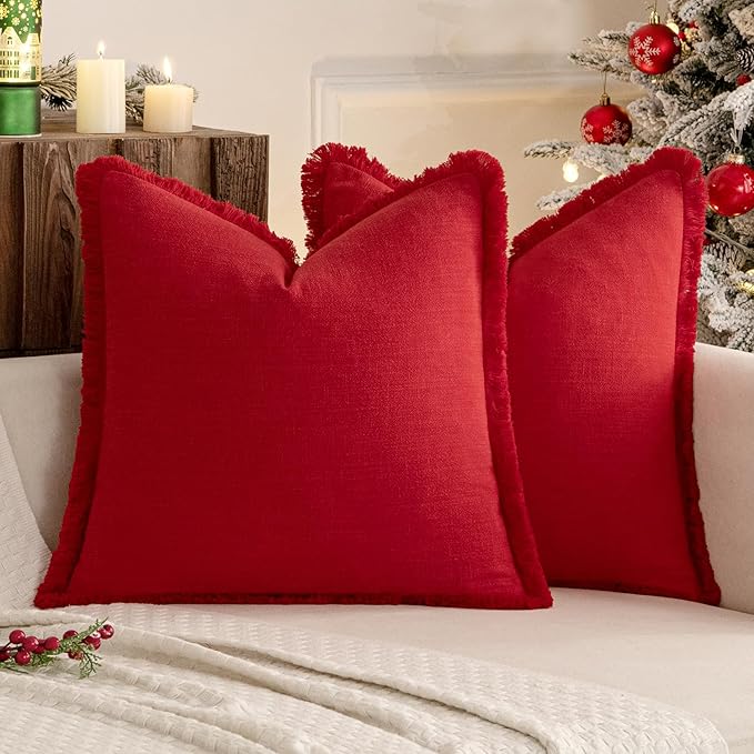 MIULEE Decorative Throw Pillow Covers Neutral Linen Fringe Throw Pillows Set of 2 Red Boho Farmhouse Cushion Covers with Tassels for Couch Sofa Bed Living Room Spring Home Decor 20x20 Inch