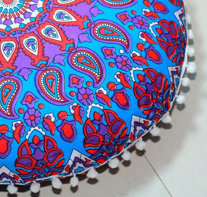 CRAFT KALA 22" Round Boho Floral Floor Pillow Cover, Purple, 22" Diameter, Cotton Fabric, Soft, Indoor Use, Washable