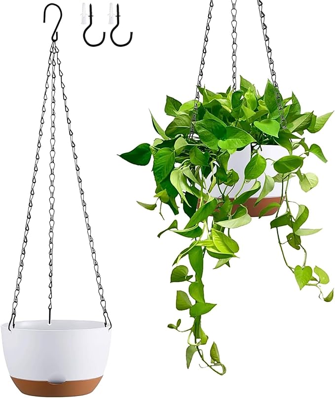 Set of 2 Hanging Planters for Indoor Outdoor Plants, 8 Inch Self-Watering Hanging Flower Pots with Drainage Hole & Removable Water-Storage Tray (Hooks)