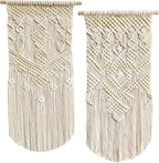 LIVALAYA Boho Macrame Wall Hanging Woven Decor, 24”L x 13”W, Set of 2, Beige wall decor Modern Bohemian Farmhouse woven wall hangings for House Apartment Dorm Room, Nursery, Geometric Aztec Décor
