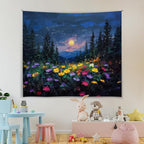 Moon and Wildflower Forest Wall Tapestry,Dark Moody Night Landscape Wall Tapestry, Oil Painting Style Soft Flannel Banner Decor for Bedroom,Dorm Living Room, Aesthetic Home Artwork 59x51 inch(Blue-Moon and Flower)