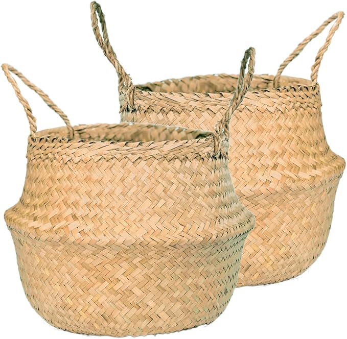 LiloCraft 2 Pack Seagrass Plant Basket XXLarge (14x13inches) - TheMulti-Functional Home Decor Storage Solution with Eco-Friendly, Woven Basket Planter Indoor with Handles, Round Boho Plant Pot