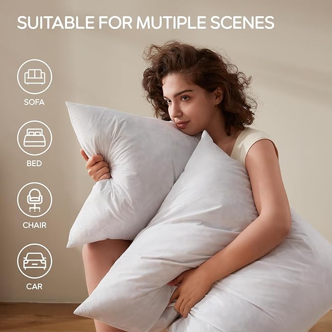 Feather Throw Pillow Inserts Set of 4, Soft Fluffy Square 18 x 18 Inches Decorative Pillow Insert, Feather and Down Euro Pillows for Bed, Couch and Cushion