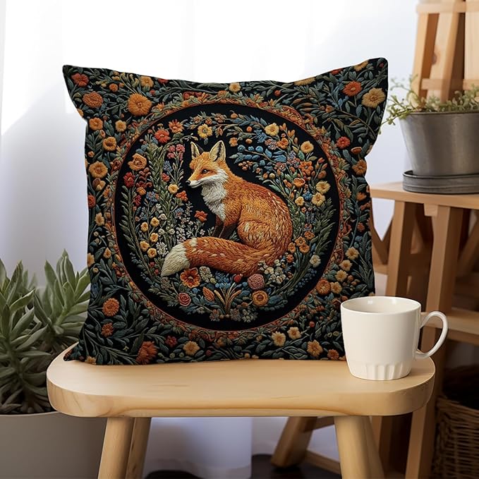 YOU FOUND ME William Morris Abstract Vintage Floral Velvet Fox Design Throw Pillow Covers Home Decor, Retro Art Decor Pillowcase Cushion Cover for Bed Sofa Living Room, Square 18x18inch (Fox)