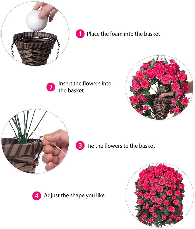 Artificial Geraniums Faux Hanging Plants Flowers Basket for Outdoors, Fake Silk Geraniums Vines in Planter UV Resistant Look Real Spring Summer Outdoor Decorations for Outside Yard Patio, Hotpink