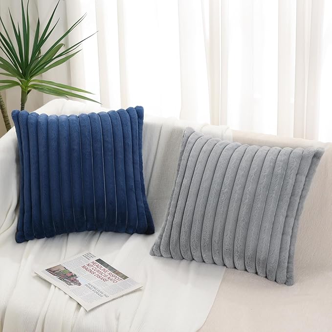 Pallene Faux Fur Plush Throw Pillow Covers 24x24 Set of 2, Luxury Soft Fluffy Striped Decorative Pillow Covers for Sofa, Couch, Living Room, Navy Blue
