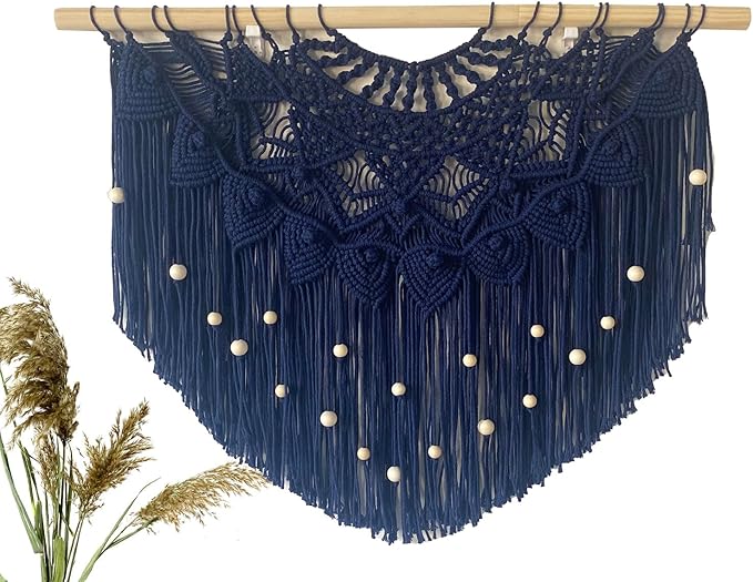 Youngeast Large Macrame Wall Hanging Boho Beaded Curtain for Window Macrame Bedroom Headboard Living Room Wall Art Tassel Tapestry Bohemian Woven Wall Decor 31" W X 25" H (Navy)