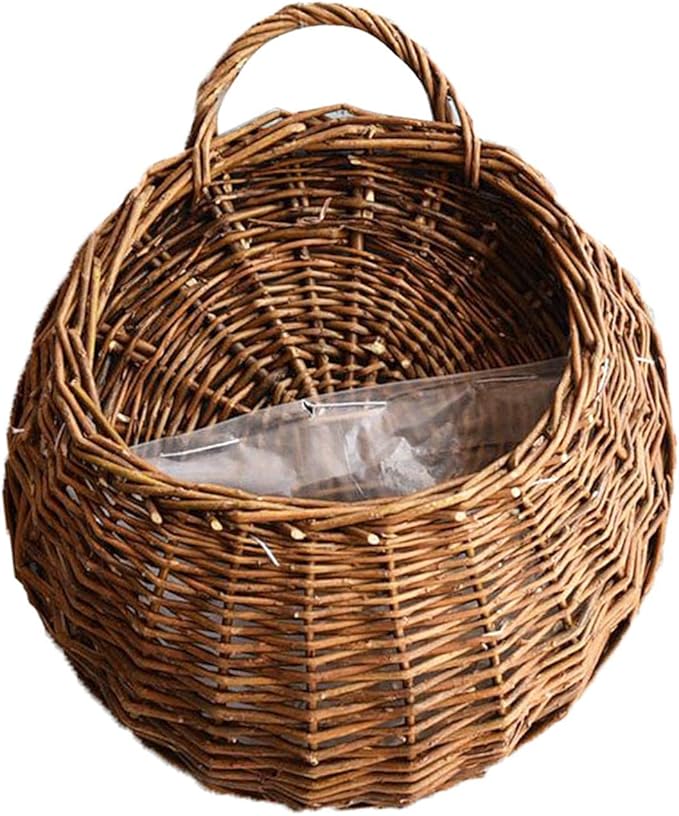 Woven Flower Basket, Pure Handmade Rattan Flower Pots with Handle, Easy Hanging, Wall Storage Woven Baskets, Wall Storage Basket for Garden Outdoor, Medium