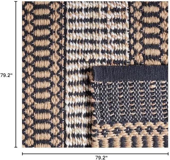 SAFAVIEH Natural Fiber Collection Area Rug - 6'6" Square, Black & Natural, Handmade Flat Weave Stripe Jute & Cotton, Ideal for High Traffic Areas in Living Room, Bedroom (NFB652Z)