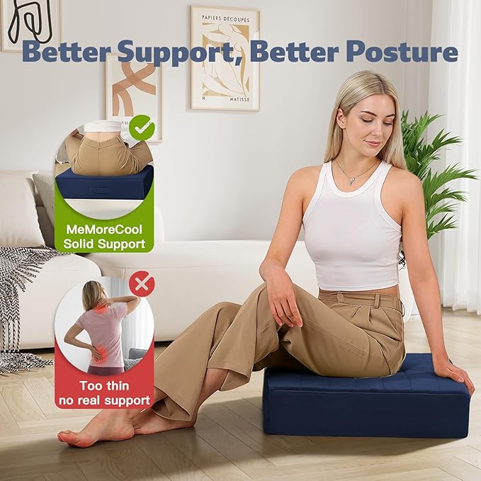MeMoreCool Square Floor Pillows for Adults Kids, 2 Sets Large Meditation Cushion with 5" Thick Foam and Washable Tufted Cover, 24 Inch Navy Seat Floor Cushions for Sitting and Yoga