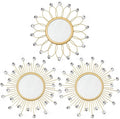 3 Pack Metal Mirrors for Wall Sunburst Wall Mirrors Home Décor Decorative Hanging Wall Art for Living Room Bedroom Entryway (Gold Crystal, Flower+Sunburst)