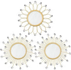 3 Pack Metal Mirrors for Wall Sunburst Wall Mirrors Home Décor Decorative Hanging Wall Art for Living Room Bedroom Entryway (Gold Crystal, Flower+Sunburst)