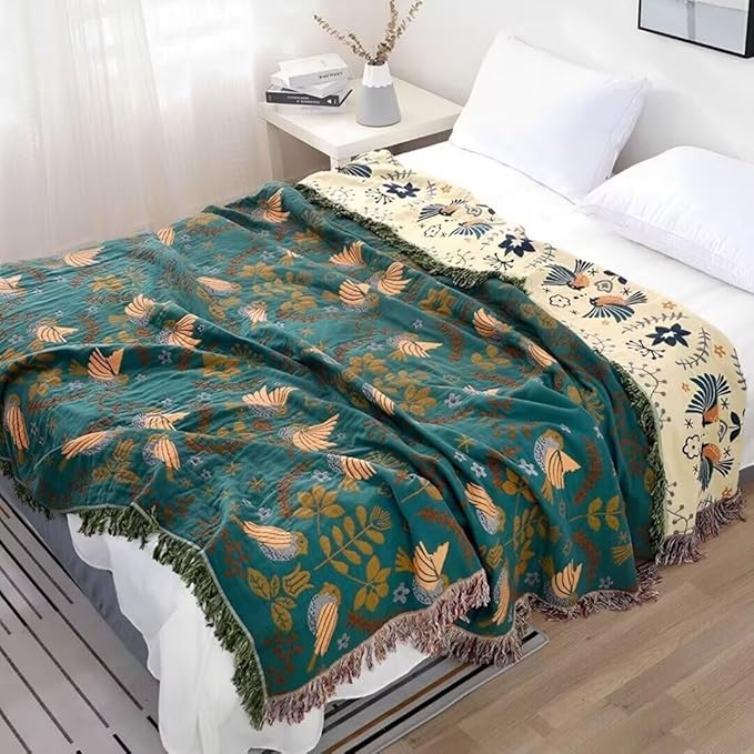 Boho Blanket for Bed 100% Cotton Bohemian Throw Blankets Ultra Soft Woven Muslin Decorative Blankets All Seasons Vintage Quilt Knitted Blanket for Sofa Chair(Blue, 90"x98")