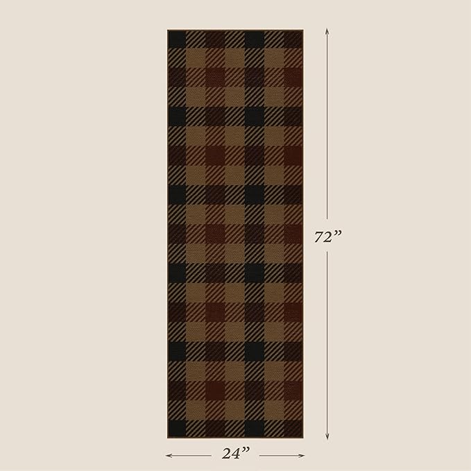 JTJ 2x6 Easy Jute Runner for Indoor Entrance - Outdoor Runner Rug for Patio, Kitchen Runners Non Skid Washable 6ft - Vintage, Mudroom, Washable Stain Resistent Carbin Brown and Red Checkered Décor