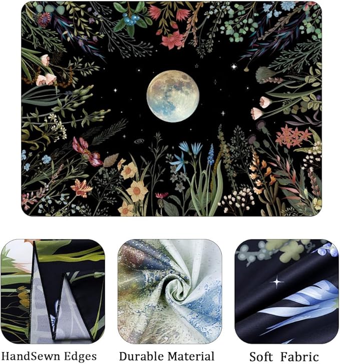 Amhokhui Moonlit Garden Tapestry Boho Moon Tapestry Floral Flower Tapestries Colorful Plants Tapestries Black Wall Hanging Decor for Home