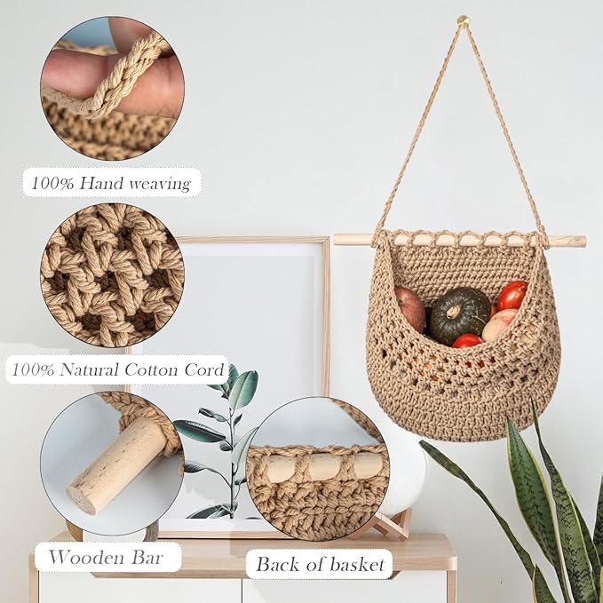 Hanging Fruit Basket Handmade Boho Cotton Rope Wall Hanging Basket Over Door Storage Woven Baskets for Kitchen and Bedroom to Store Any Small Stuffe (1, jute)
