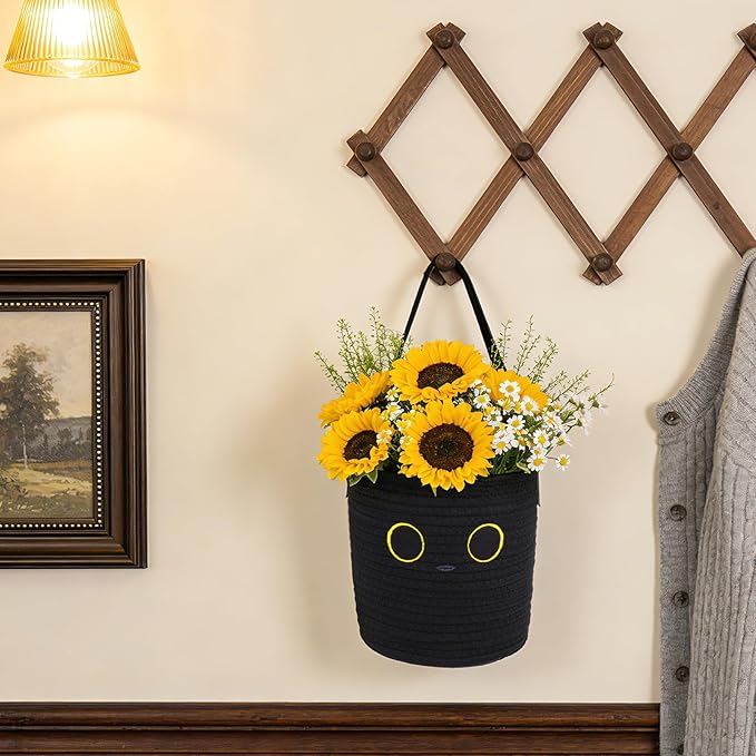2 Pack Wall Hanging Rope Basket, Small Black Woven Hanging Basket Leather Handle, Black Cat Cotton Rope Wall Storage Basket for Plants Toys, Foldable Round Boho Decor (7.8x7inch)