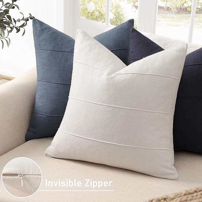 Decorative Linen Throw Pillow Covers 24x24 Set of 2 Solid handcrafted Striped Cushion Covers for Bed Soft Modern Farmhouse Neutral Pillowcase for Couch Bedroom Living Room Home Decor(Cream White)