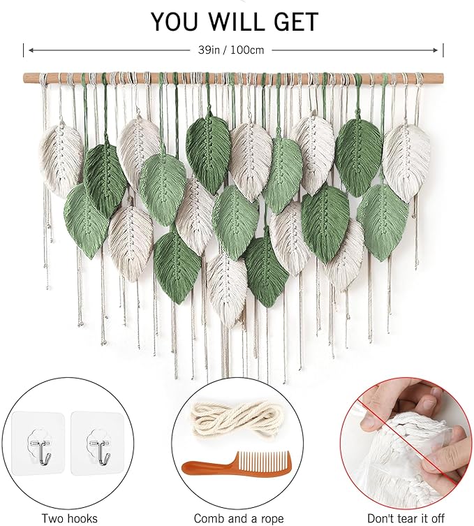Weldomcor Large Macrame Wall Hanging, Boho Leaves Macrame Tapestry Wall Decor Handmade Woven Hanging Decor Chic Bohemian Wall Art Home Decoration for Bedroom Living Room Nursery Office 39"W x 29.5"L