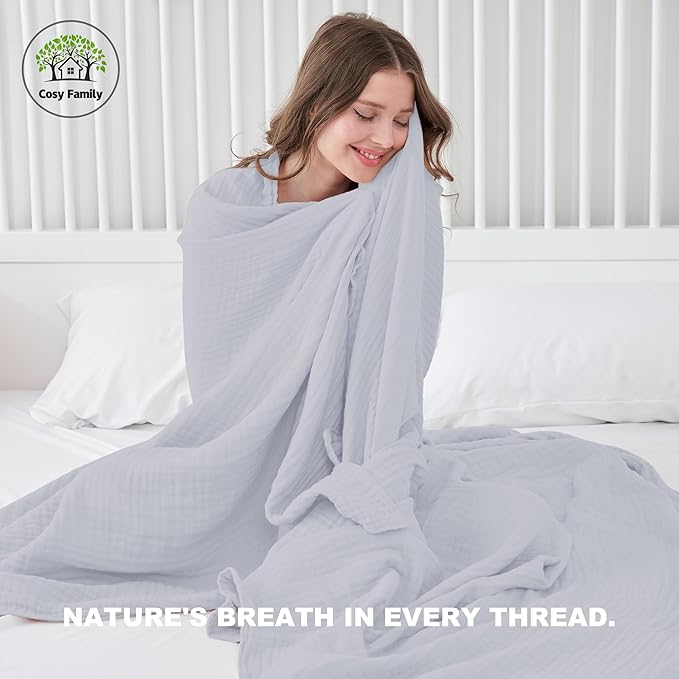 Cosy Family 6 Layer Muslin Bed Blanket - Breathable and Lightweight Gauze Boho Blanket for Spring, Soft 100% Cotton Muslin, Slate, 80x90 Inches