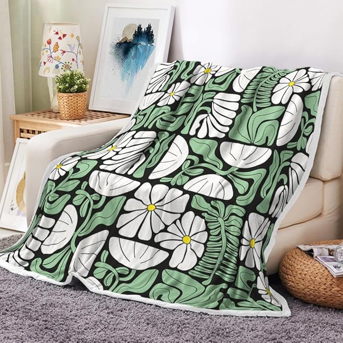 Boho Abstract Colorful Floral Throw Blanket, Vintage Retro Patchwork White Green Flower Botanical Geometric Aesthetic Groovy Flannel Throw Blanket for Chair Bed Sofa Couch, 60X80IN