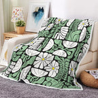 Boho Abstract Colorful Floral Throw Blanket, Vintage Retro Patchwork White Green Flower Botanical Geometric Aesthetic Groovy Flannel Throw Blanket for Chair Bed Sofa Couch, 60X70IN